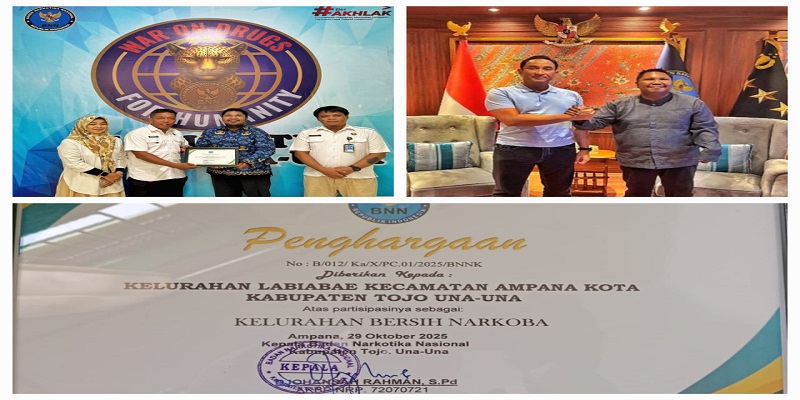 Kepala BNNK Tojo Una-Una AKBP Djohansyah Rahman, S.Pd., menyerahkan piagam kepada Lurah Labiabae Fariz Latjuba, Rabu (17/12/2025).
