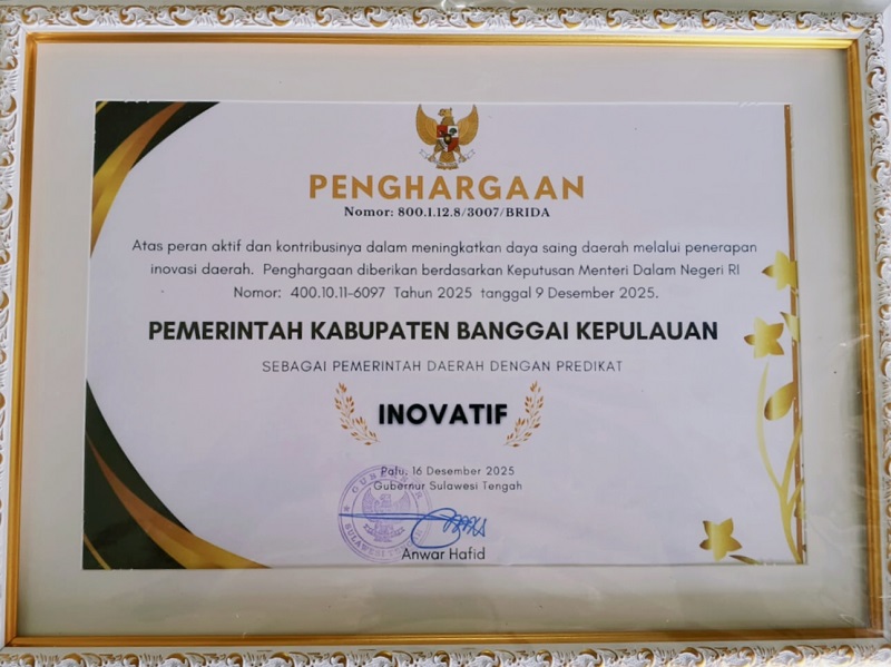  Kabupaten Banggai Kepulauan (Bangkep) menerima tanda kehormatan sebagai daerah inovatif dari BRIDA Provinsi Sulawesi Tengah.